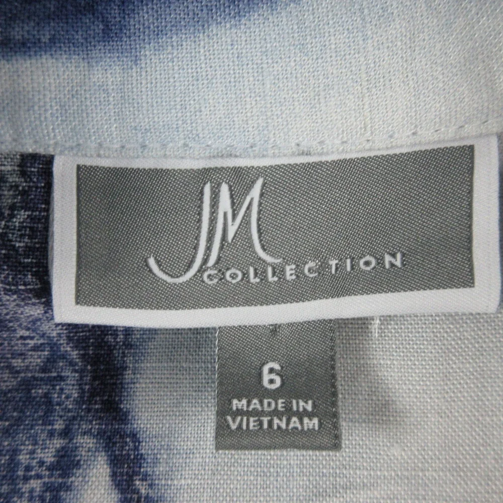 JM Collection Shirt Womens 6 Blue White Linen Blend 3/4 Sleeve Button Up